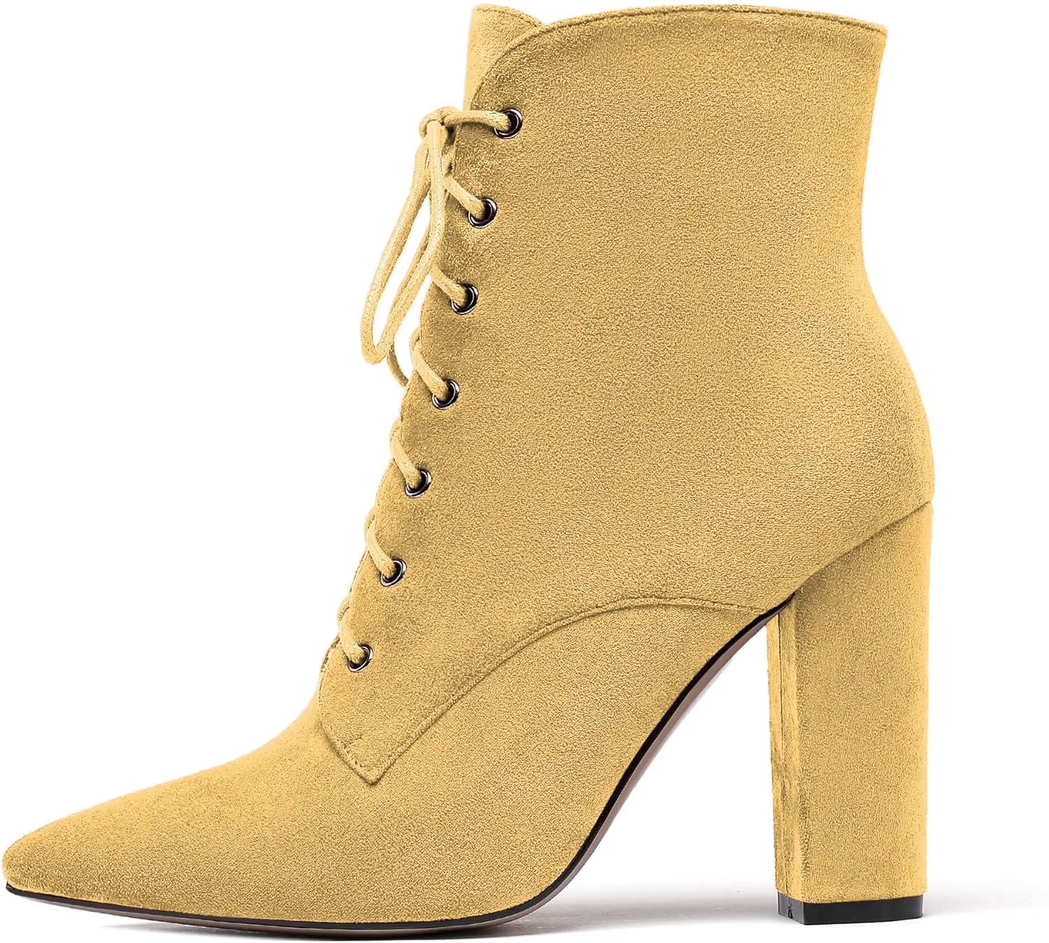Eldof Women's Chunky Block 4 Inch High Heel Ankle Booties Pointed Toe Lace Up Side Zipper Chic Boots