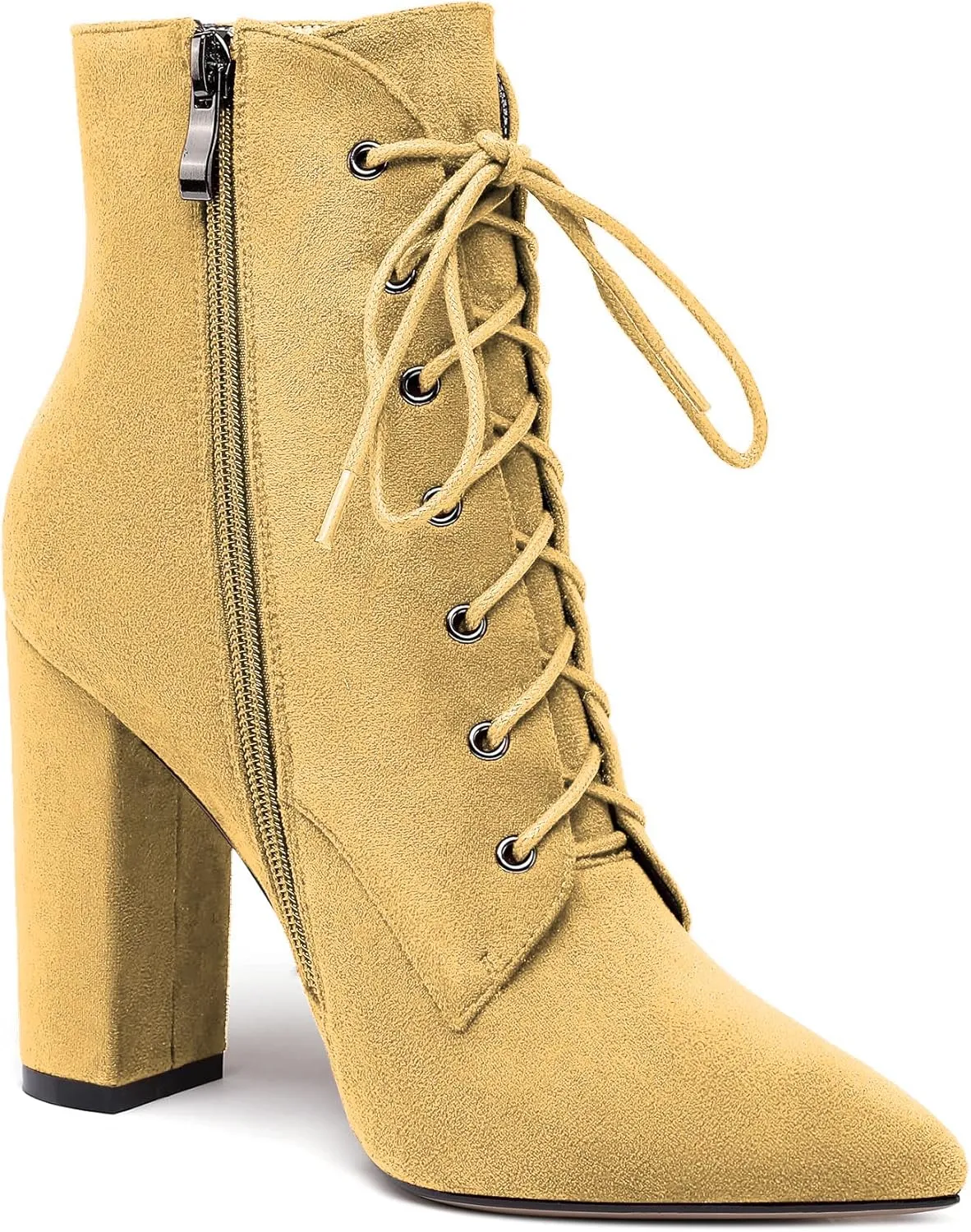 Eldof Women's Chunky Block 4 Inch High Heel Ankle Booties Pointed Toe Lace Up Side Zipper Chic Boots