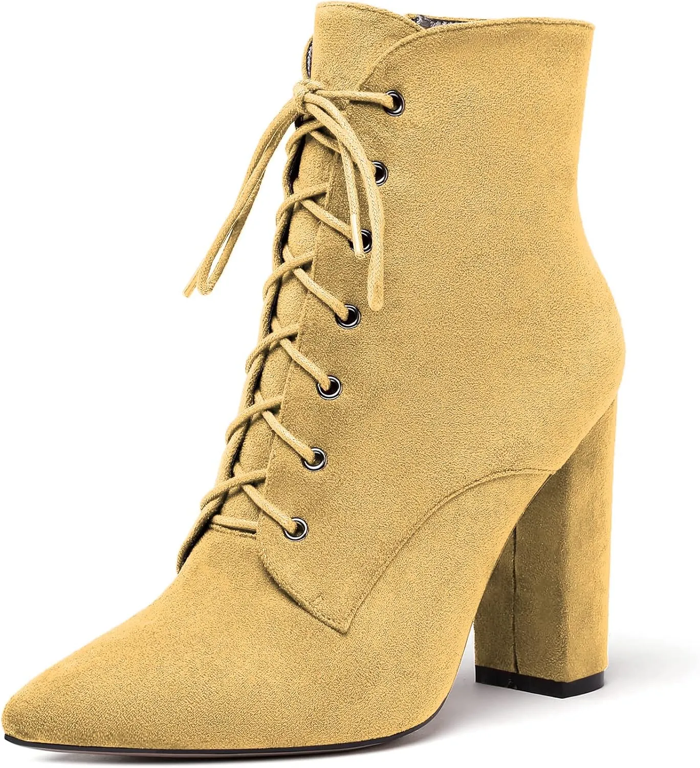 Eldof Women's Chunky Block 4 Inch High Heel Ankle Booties Pointed Toe Lace Up Side Zipper Chic Boots