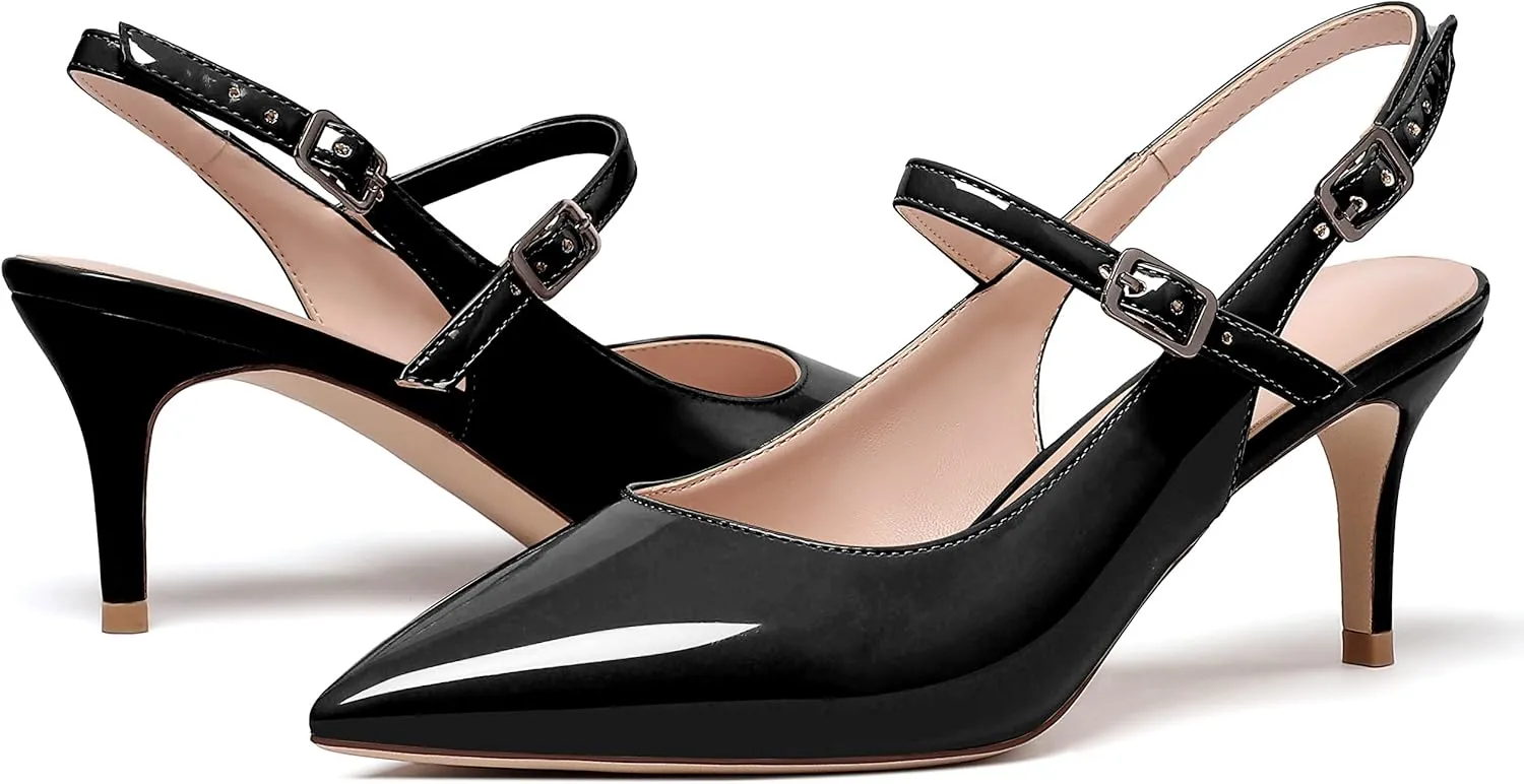 Eldof Women's Pointed Toe Slingback Pumps, Low Heel Ankle Strap Chic Sandals, Classy Kitten Heel 2.5" Heel for Office Dress
