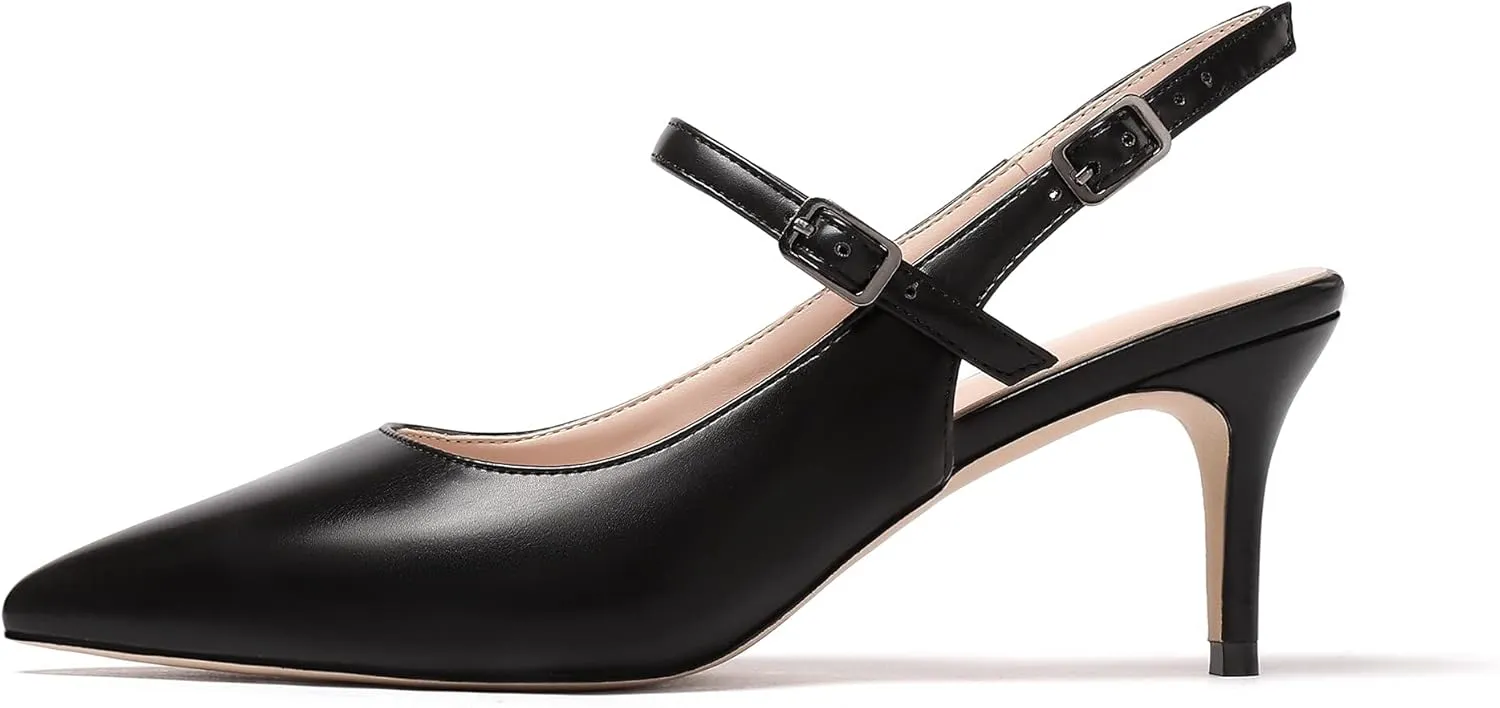 Eldof Women's Pointed Toe Slingback Pumps, Low Heel Ankle Strap Chic Sandals, Classy Kitten Heel 2.5" Heel for Office Dress