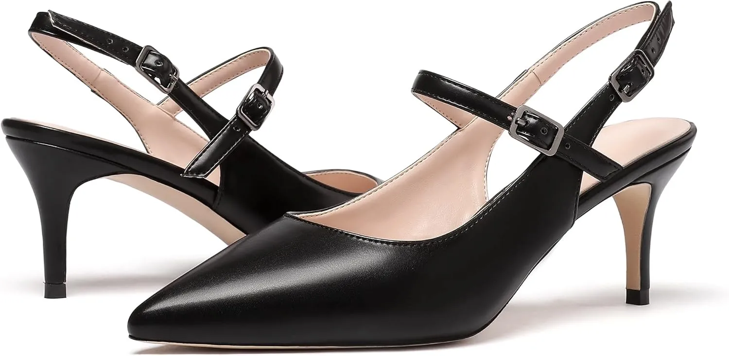 Eldof Women's Pointed Toe Slingback Pumps, Low Heel Ankle Strap Chic Sandals, Classy Kitten Heel 2.5" Heel for Office Dress