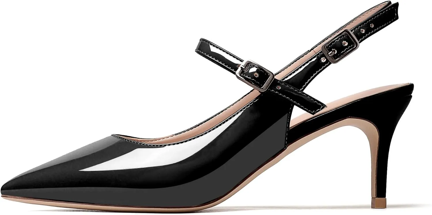 Eldof Women's Pointed Toe Slingback Pumps, Low Heel Ankle Strap Chic Sandals, Classy Kitten Heel 2.5" Heel for Office Dress
