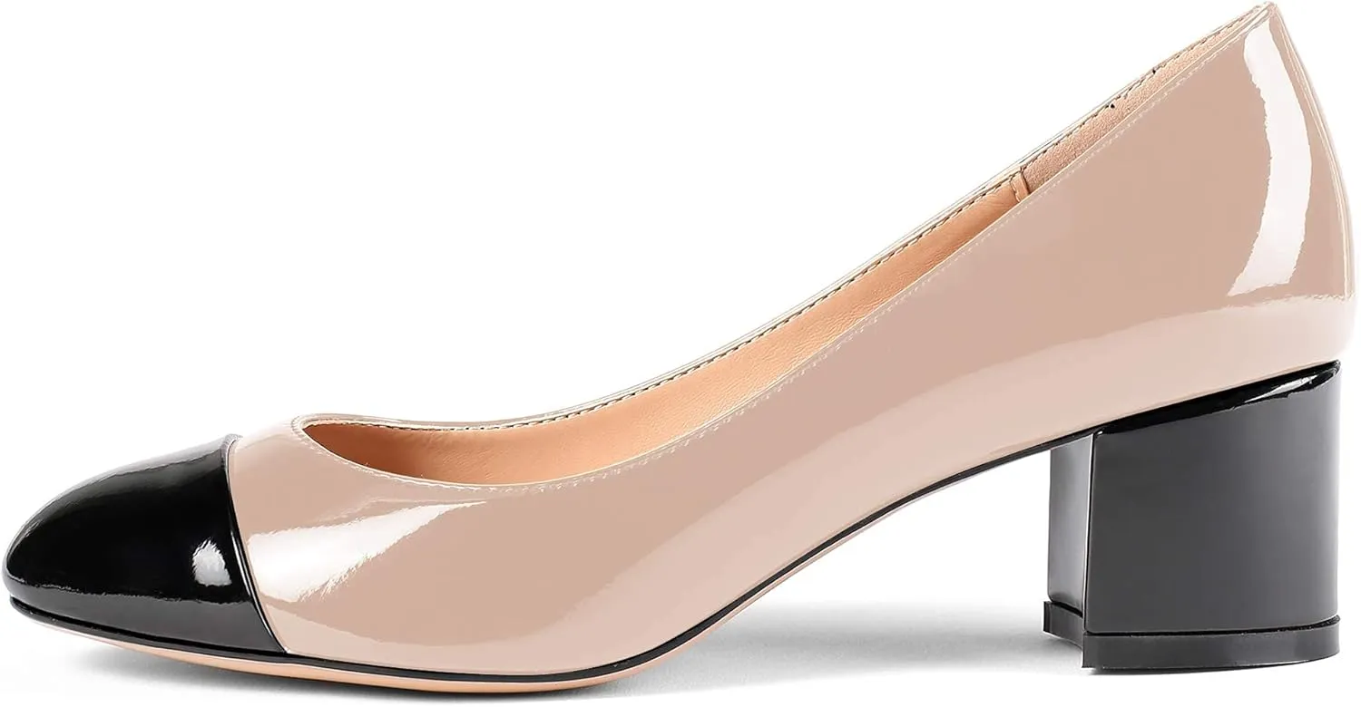 Eldof Women's Round Cap Toe Pumps,Classy 2 Inches Block Heel Chic Pumps