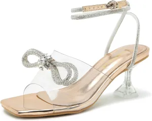 Enelauge Women's Double Bowknot Crystal Sandals Clear Slingback Low Heels Lace Up Square Toe Rhinstone Wedding Party Shoes 6cm