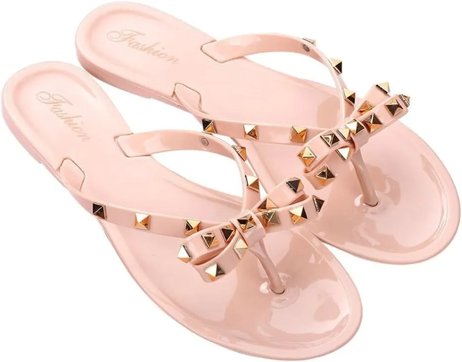 Epsion Women's Studded Jelly Flip Flop Sandals Casual Summer Flat Shoes Open Toes Rivets Bow Slide Beach Clear Slipper