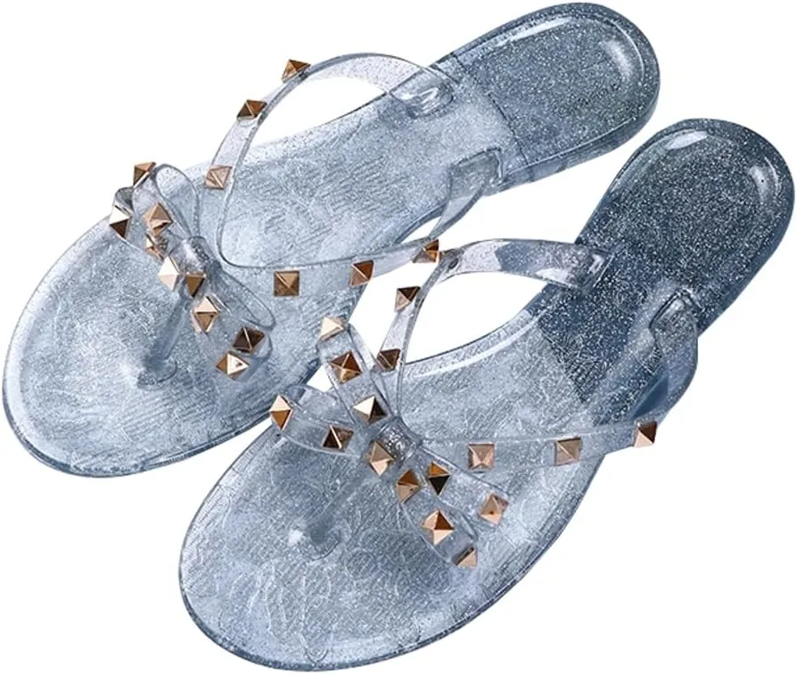 Epsion Women's Studded Jelly Flip Flop Sandals Casual Summer Flat Shoes Open Toes Rivets Bow Slide Beach Clear Slipper