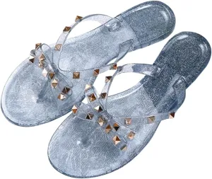 Epsion Women's Studded Jelly Flip Flop Sandals Casual Summer Flat Shoes Open Toes Rivets Bow Slide Beach Clear Slipper