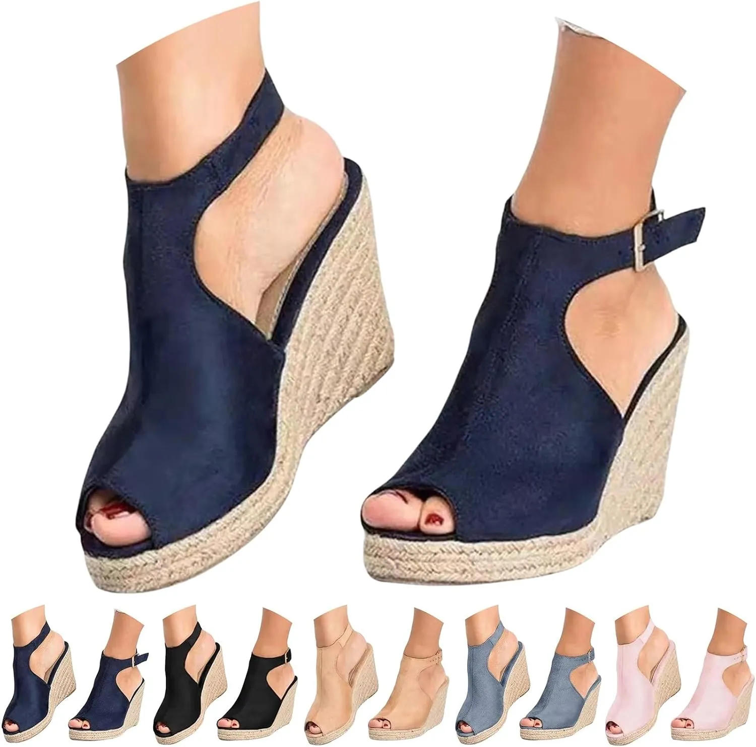 Espadrilles Wedges for Women Open Toe Ankle Strap Platform Casual Sandals Comfortable Slip On Slingback High Heel Sandals With Adjustable Buckle