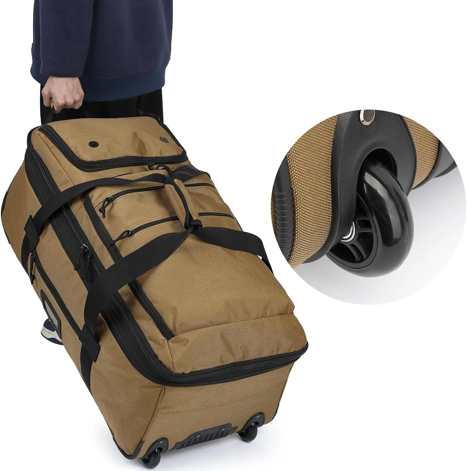 Extra Large Rolling Travel Duffle Bag with Wheels Shoes Compartment Wet Pocket 85-100L Big Expandable Duffel Bag for Men Women Heavy Duty Foldable Collapsible Luggage Camping, Brown