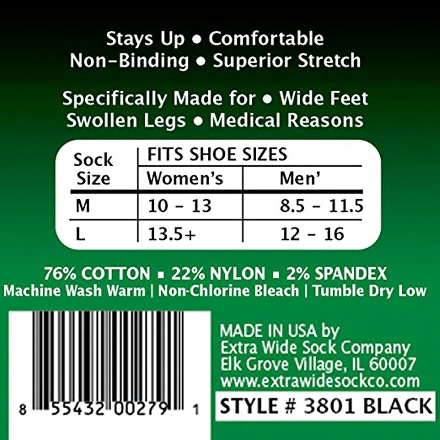 Extra Wide Lightweight Cotton Crew Comfort Fit Dress Socks (Pack of 3) Made in the USA