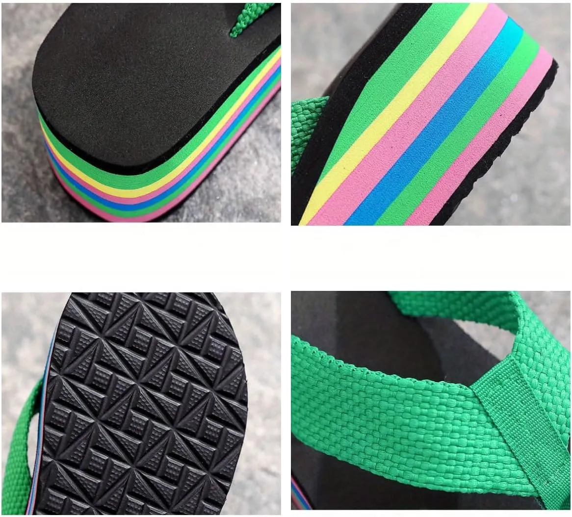 Fashionable Women's Platform Wedge Flip Flops with Rainbow Printed Sole for Casual Outdoor Style