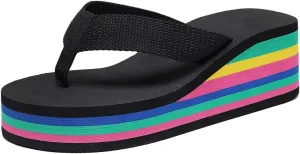 Fashionable Women's Platform Wedge Flip Flops with Rainbow Printed Sole for Casual Outdoor Style