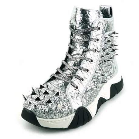 FI-2405 Silver Spikes High Top Sneakers by Fiesso