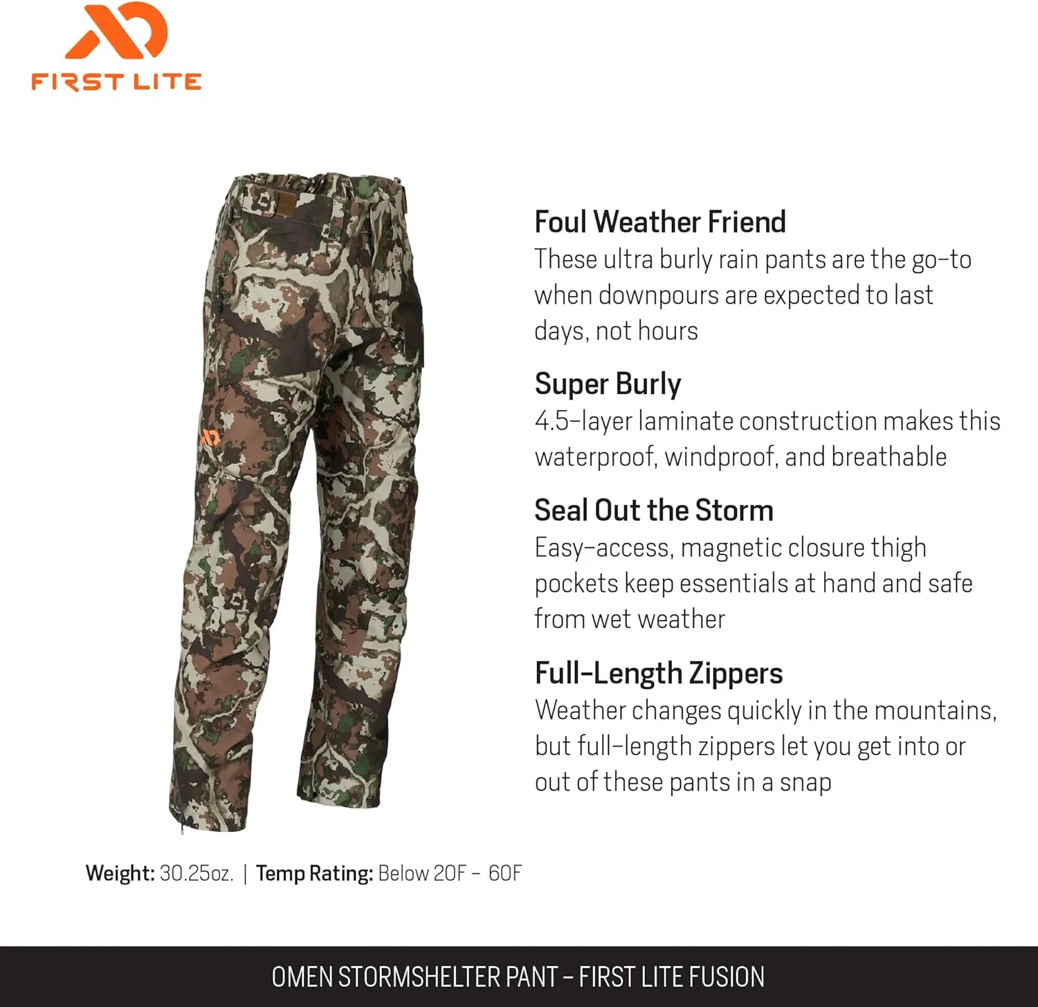 First Lite Men's Omen Stormshelter Pant - Waterproof Durable Camo Hunting Rain Pants