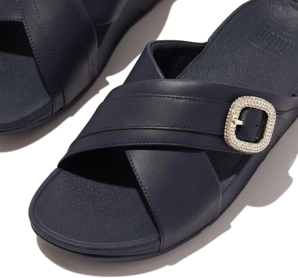 FitFlop Women's Lulu Crystal-Buckle Leather Cross Slides Wedge Sandal