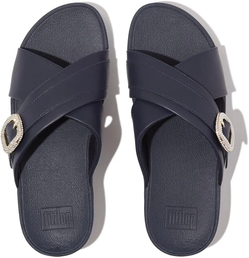 FitFlop Women's Lulu Crystal-Buckle Leather Cross Slides Wedge Sandal