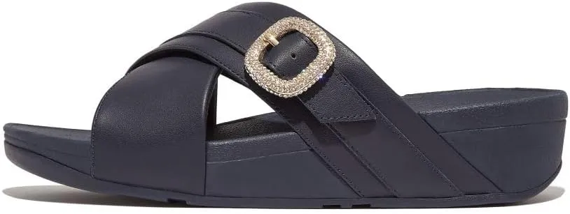 FitFlop Women's Lulu Crystal-Buckle Leather Cross Slides Wedge Sandal