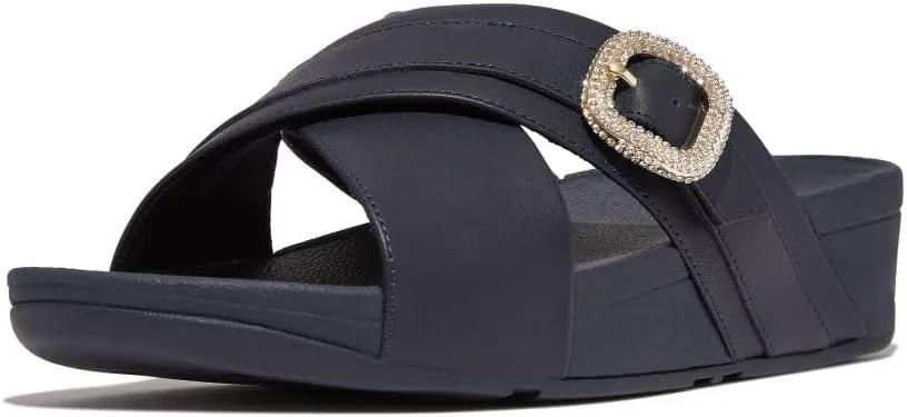 FitFlop Women's Lulu Crystal-Buckle Leather Cross Slides Wedge Sandal