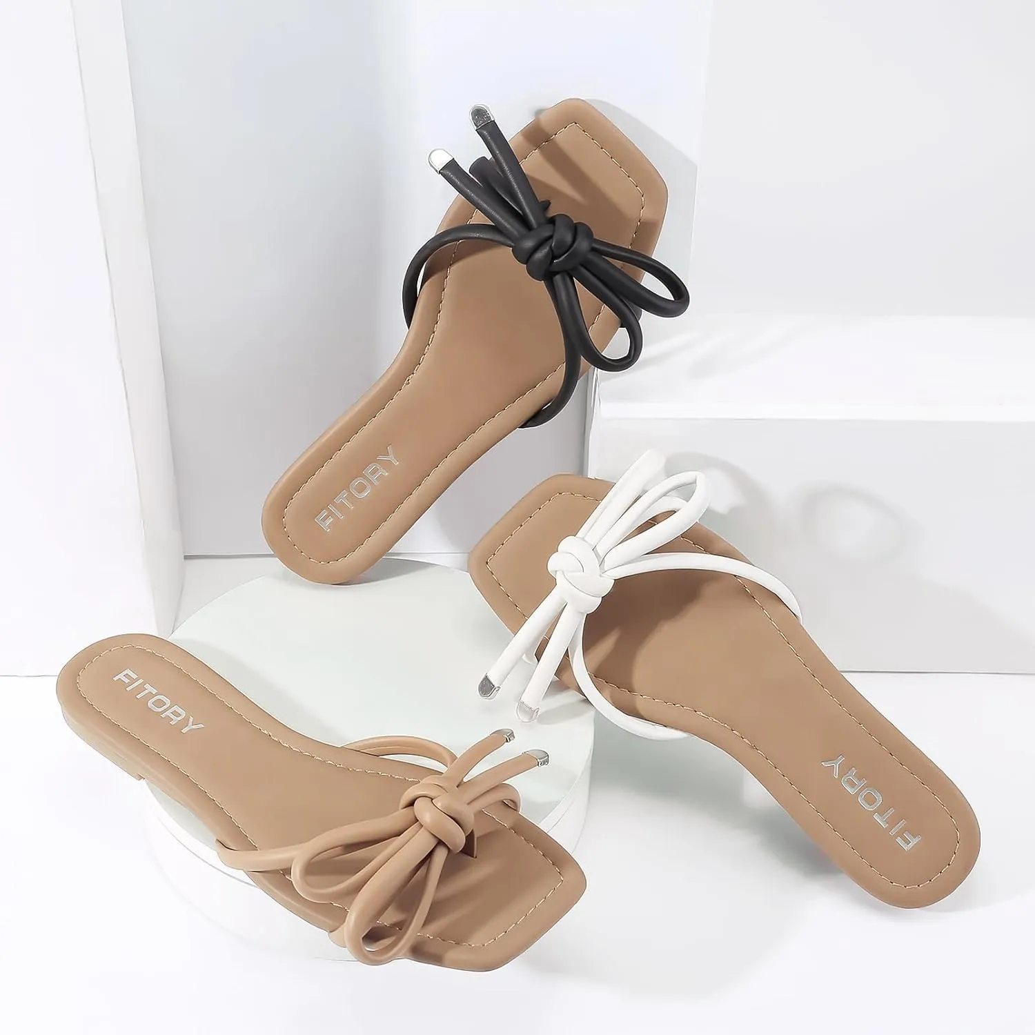 FITORY Women's Flat Sandals Square Open Toe Thong with Cute Knot for Summer Size 6-11