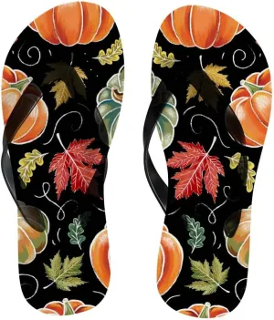 Flip Flops for Women Girls Hand Drawn Pumpkin Maple Leaves Summer Casual Thong Slippers Slide Flat Sandals for Beach