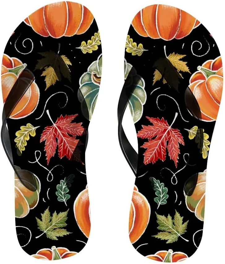 Flip Flops for Women Girls Hand Drawn Pumpkin Maple Leaves Summer Casual Thong Slippers Slide Flat Sandals for Beach