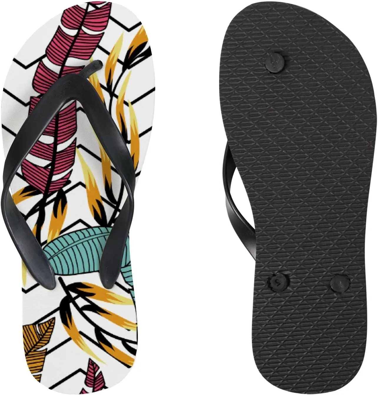 Flip Flops Leaves Pink Vintage Striped Modern Geometric Black White Slide Sandals Summer Beach Slippers Thong Sandal Casual Yoga Mat Flat Slides for Women Men