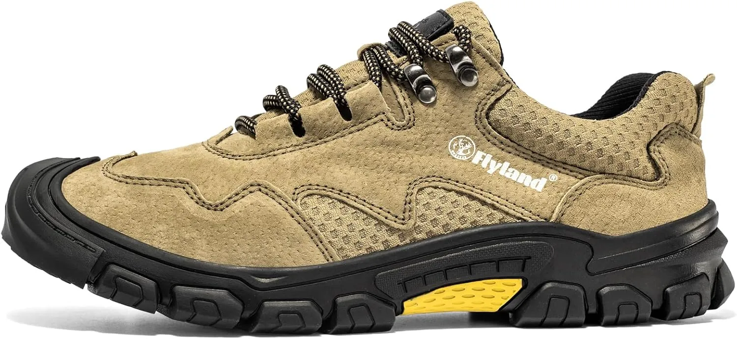 FLYLAND Men's Casual Hiking Sneakers Leather Shoes Classic Lace-Up Shoes Breathable Comfortable Low Top for Walking Outdoor