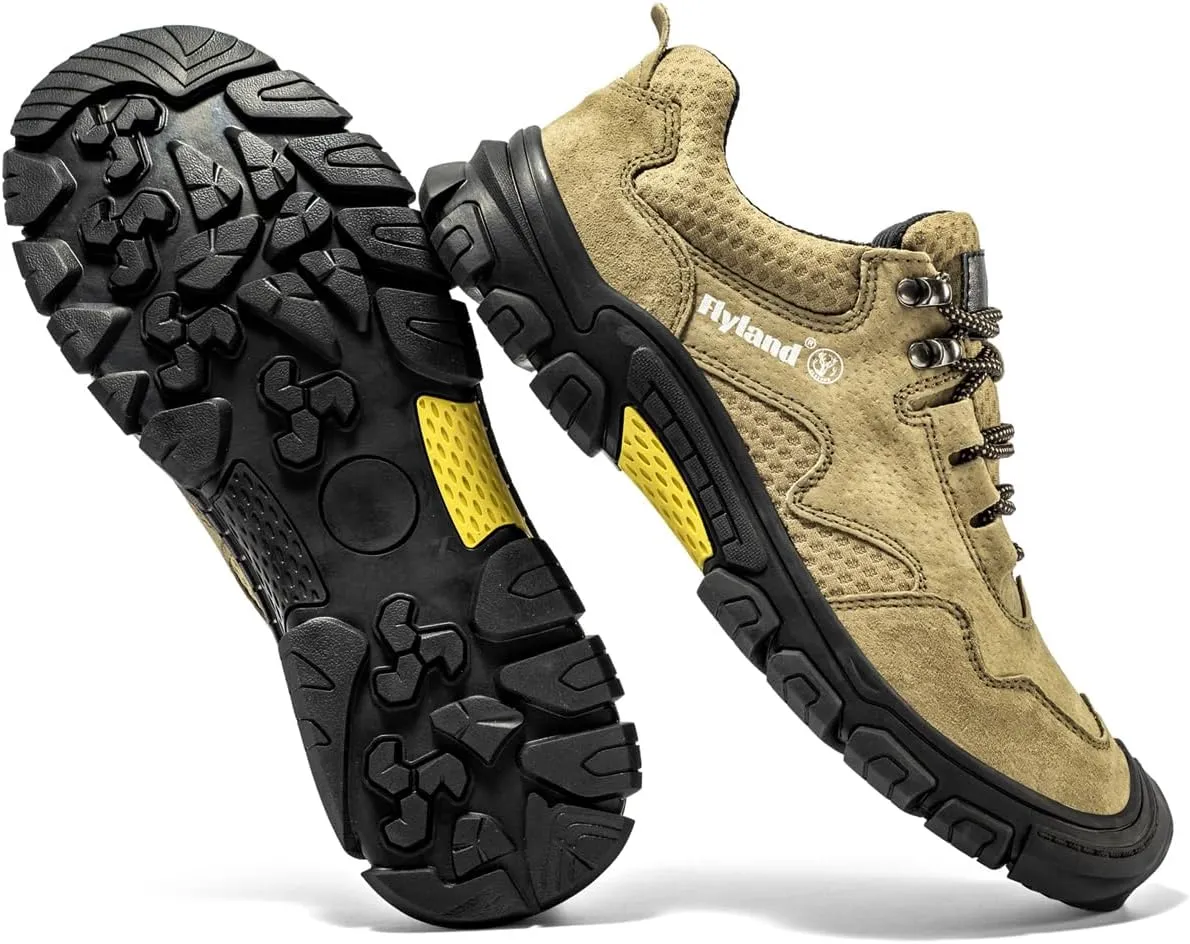 FLYLAND Men's Casual Hiking Sneakers Leather Shoes Classic Lace-Up Shoes Breathable Comfortable Low Top for Walking Outdoor