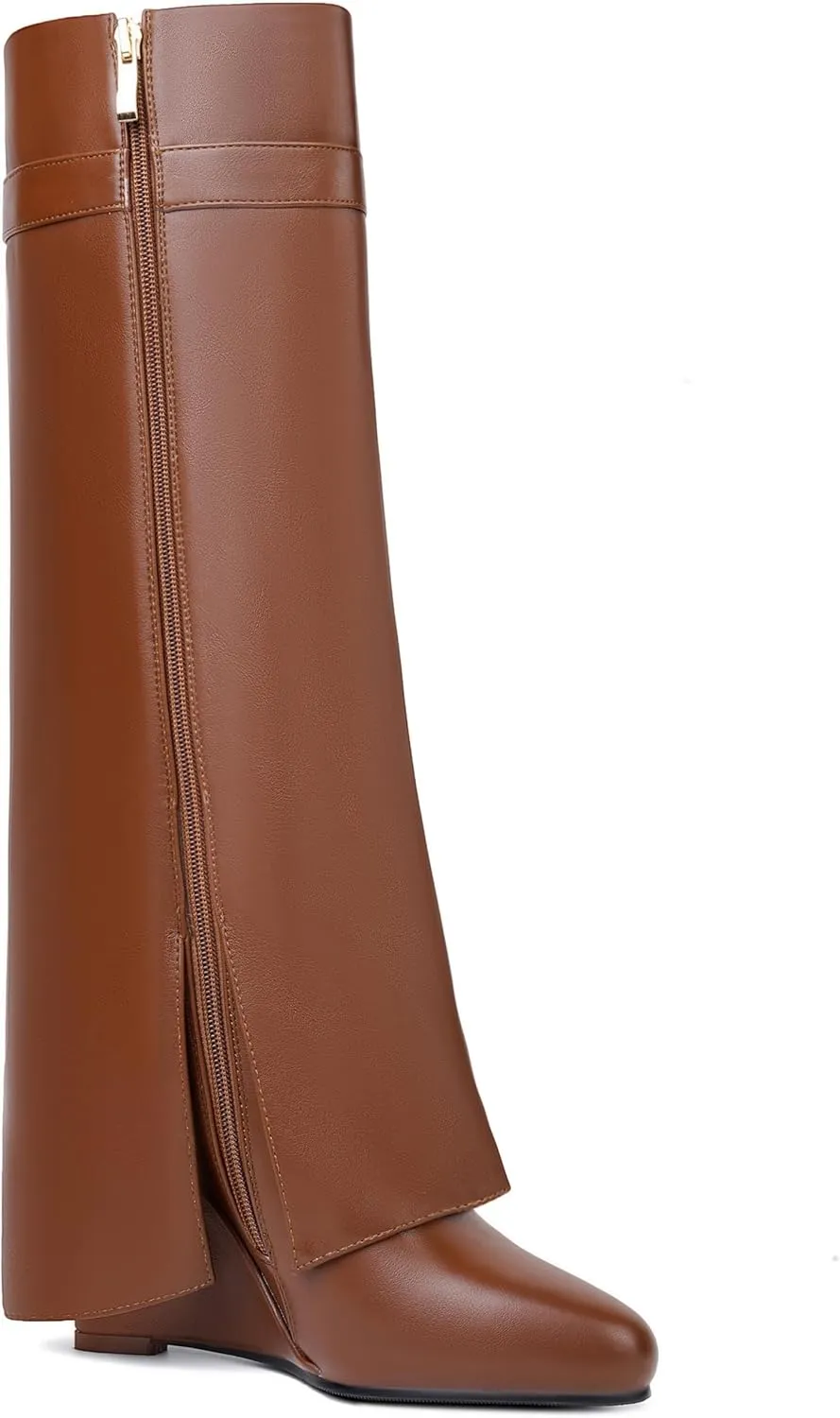 Fold Over Boots for Women Pointy Pull-on Wedge Heel Knee Shark Boot With Side Zipper Padlock Design