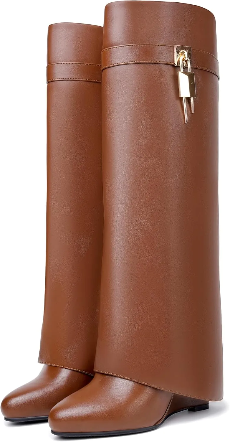 Fold Over Boots for Women Pointy Pull-on Wedge Heel Knee Shark Boot With Side Zipper Padlock Design