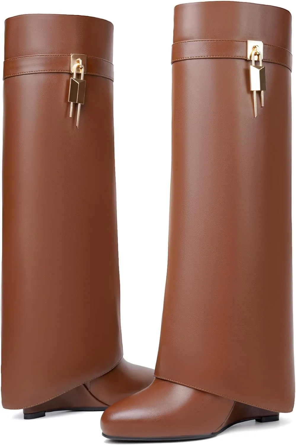 Fold Over Boots for Women Pointy Pull-on Wedge Heel Knee Shark Boot With Side Zipper Padlock Design
