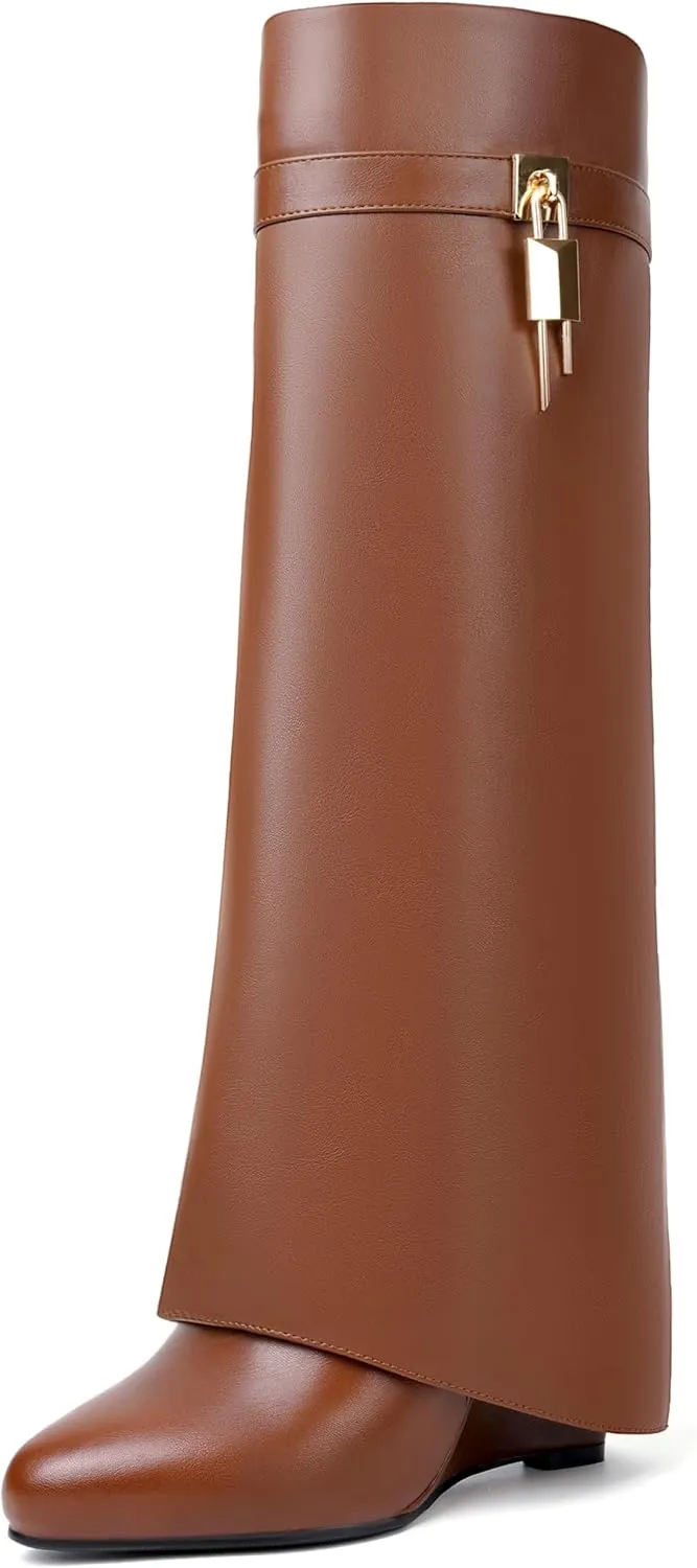 Fold Over Boots for Women Pointy Pull-on Wedge Heel Knee Shark Boot With Side Zipper Padlock Design