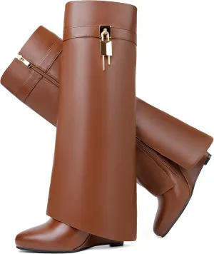 Fold Over Boots for Women Pointy Pull-on Wedge Heel Knee Shark Boot With Side Zipper Padlock Design
