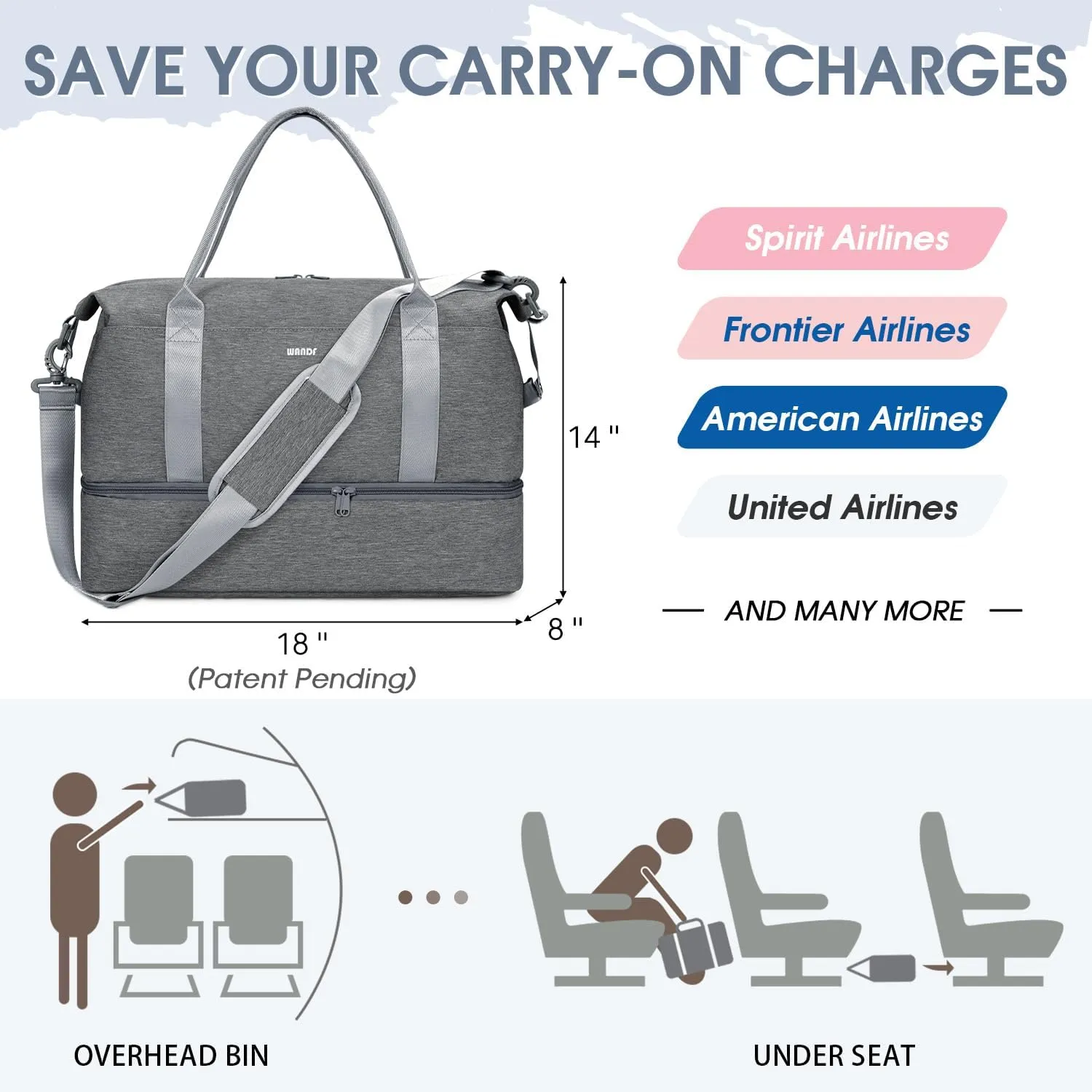 For Spirit Airlines 18x14x8 Personal Item Bag Underseat Carry On Bag with Wet Pocket & Shoe Compartment & USB Charging Port