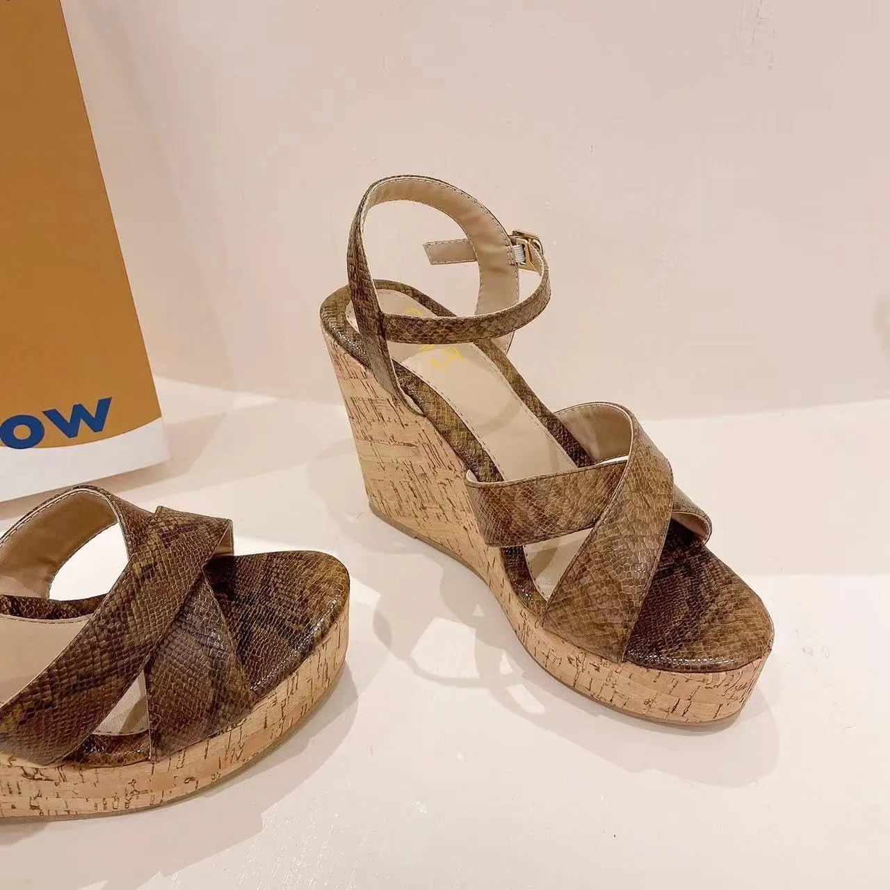 FOWT Fashion Patent Leather High Heeled Wedge Sandals for Women Elegant Buckle Ankle Strap Open Peep Toe 6 IN Cork Heels Chic Slingback Dress Formal Pumps Shoes, Nude US Size 4-16 M