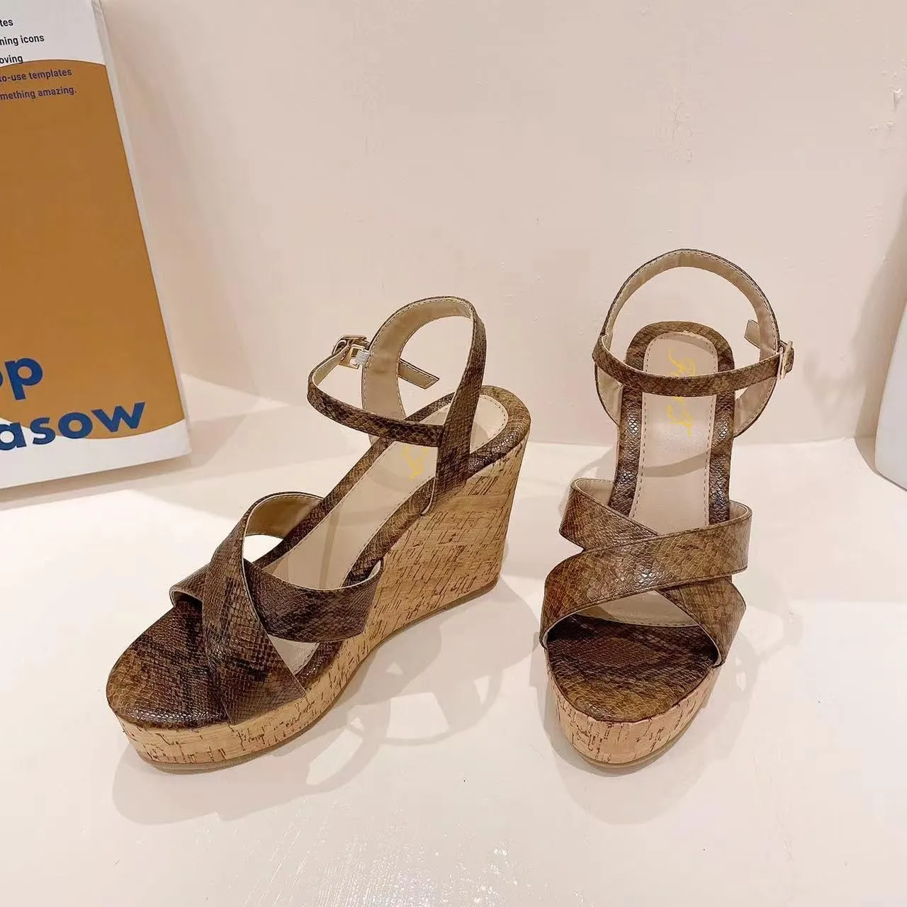 FOWT Fashion Patent Leather High Heeled Wedge Sandals for Women Elegant Buckle Ankle Strap Open Peep Toe 6 IN Cork Heels Chic Slingback Dress Formal Pumps Shoes, Nude US Size 4-16 M
