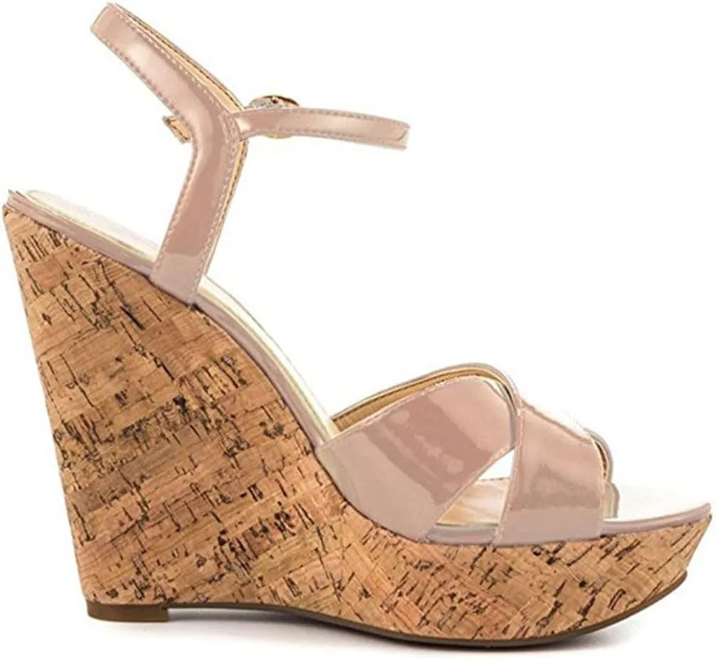 FOWT Fashion Patent Leather High Heeled Wedge Sandals for Women Elegant Buckle Ankle Strap Open Peep Toe 6 IN Cork Heels Chic Slingback Dress Formal Pumps Shoes, Nude US Size 4-16 M