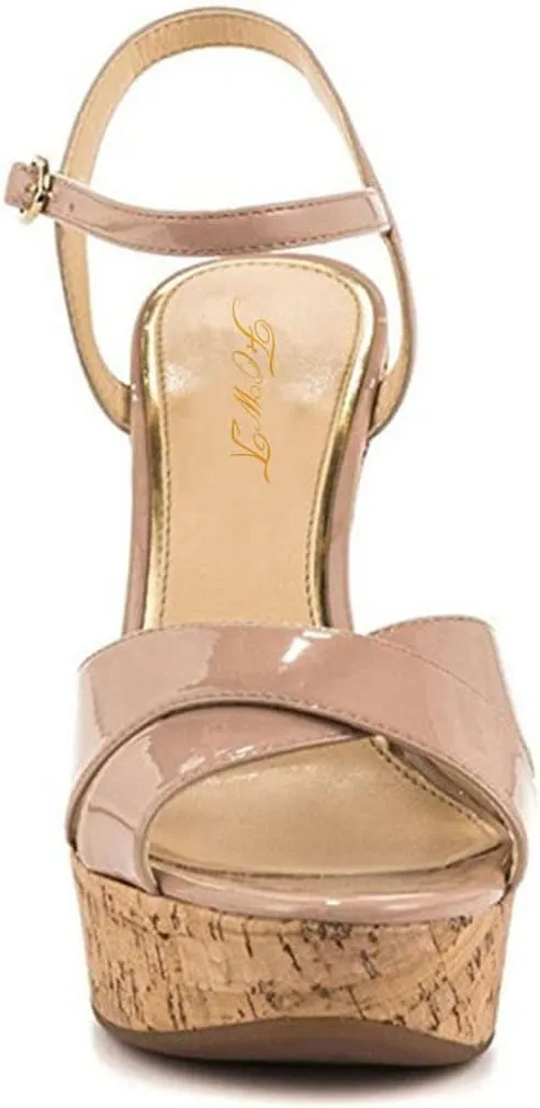 FOWT Fashion Patent Leather High Heeled Wedge Sandals for Women Elegant Buckle Ankle Strap Open Peep Toe 6 IN Cork Heels Chic Slingback Dress Formal Pumps Shoes, Nude US Size 4-16 M