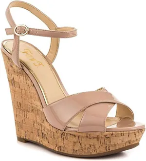 FOWT Fashion Patent Leather High Heeled Wedge Sandals for Women Elegant Buckle Ankle Strap Open Peep Toe 6 IN Cork Heels Chic Slingback Dress Formal Pumps Shoes, Nude US Size 4-16 M