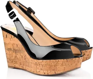 FOWT Summer Fashion Burnished Patent Leather Platform Black Wedges for Women Comfort Peep Open Toe 4 inch Heels Chic Slingback Heeled Sandals Dress Casual Shoes, US Size 4-16 M