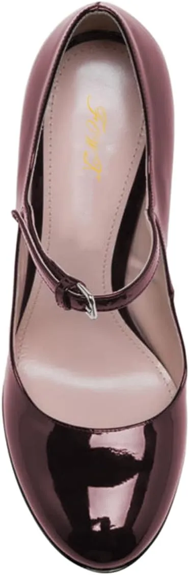 FOWT Women Black Round Toe High Chunky Heel Platform Pumps Adjustable Thin Mary-Jane Strap with Sliver Buckle Heels Trendy Solid Colour Patent Leather Shoes for Ladies Party School Office 4-16 US Size