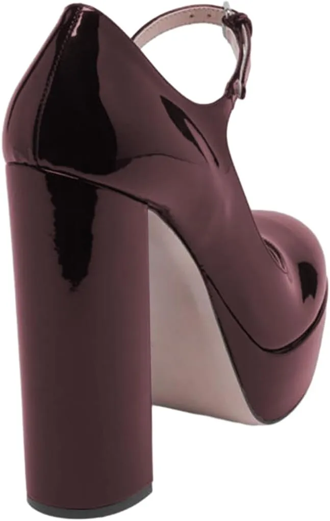 FOWT Women Black Round Toe High Chunky Heel Platform Pumps Adjustable Thin Mary-Jane Strap with Sliver Buckle Heels Trendy Solid Colour Patent Leather Shoes for Ladies Party School Office 4-16 US Size