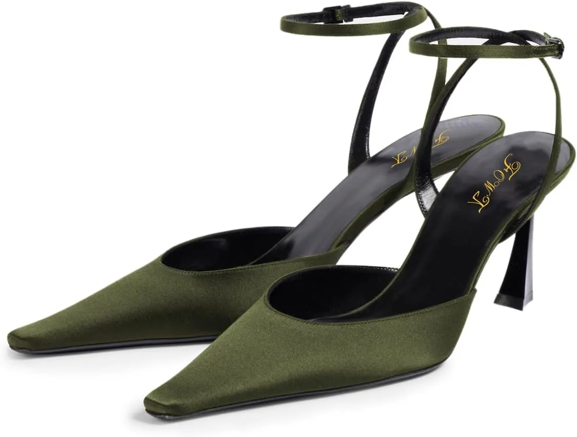 FOWT Women Graceful Pointed Toe Satin Pumps Chic High Heel Ankle Strap Buckle Prom Bride Dressy Sandals Size 4-16 US