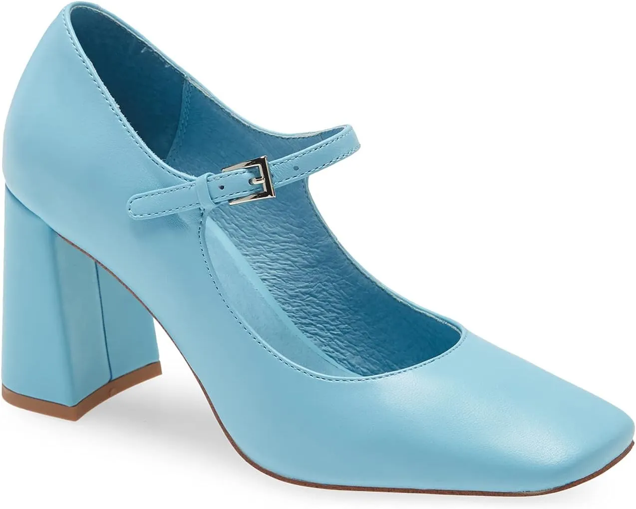 FOWT Women Square Toe High Chunky Heel Pumps Adjustable Mary-Jane Strap with Sliver Buckle Heels, Fashion Flower Pattern Glossy Leather Shoes for Ladies Work Party School 4-16 US Size