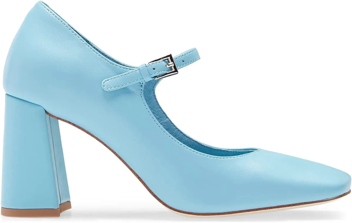 FOWT Women Square Toe High Chunky Heel Pumps Adjustable Mary-Jane Strap with Sliver Buckle Heels, Fashion Flower Pattern Glossy Leather Shoes for Ladies Work Party School 4-16 US Size