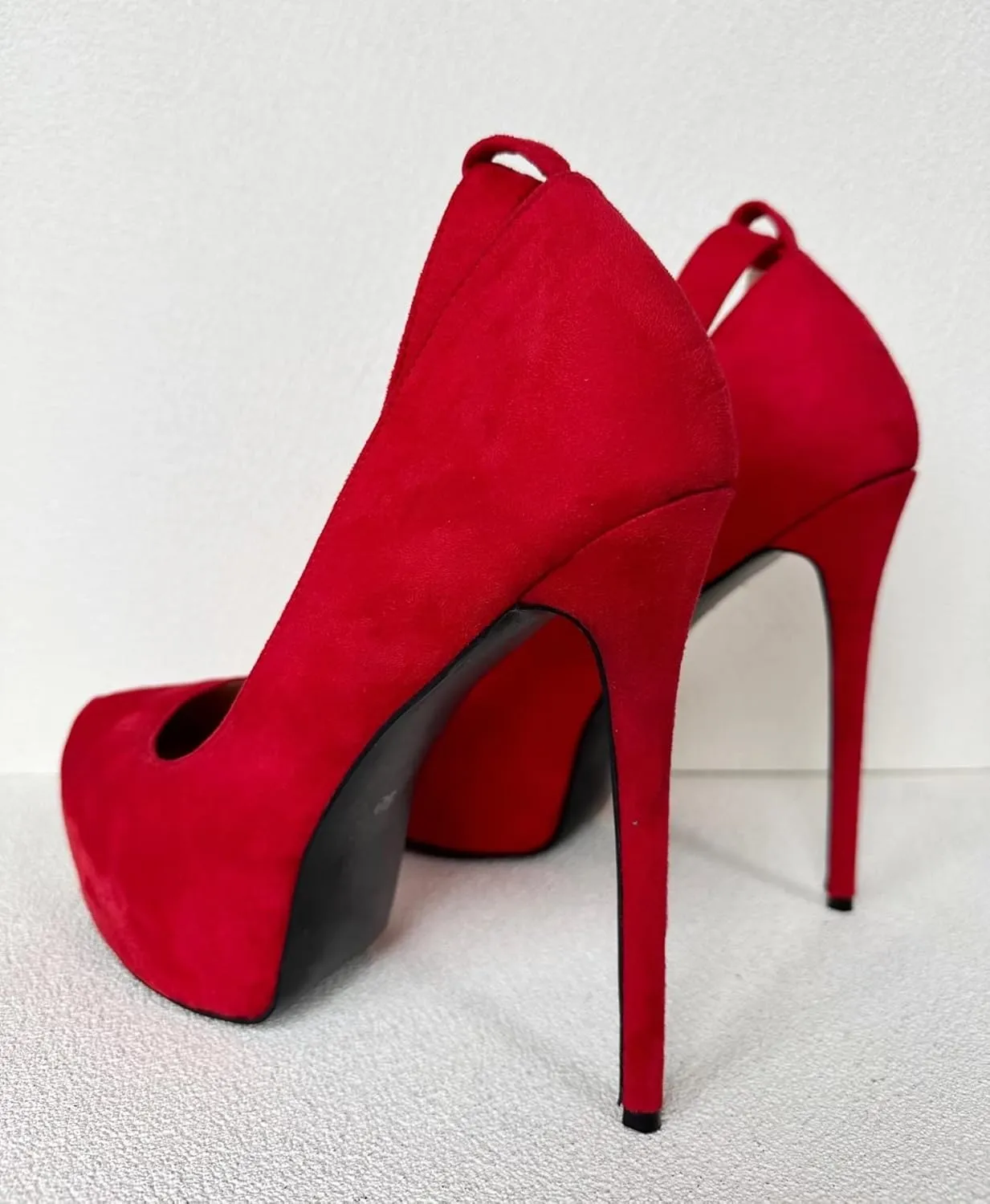 Frankie Hsu Classic Stiletto Platform High Heeled Pumps, Red Suede Fashion Style, Big Large US4-19 Size Dressy Spike Ankle Strap Buckle Shoes for Women Men