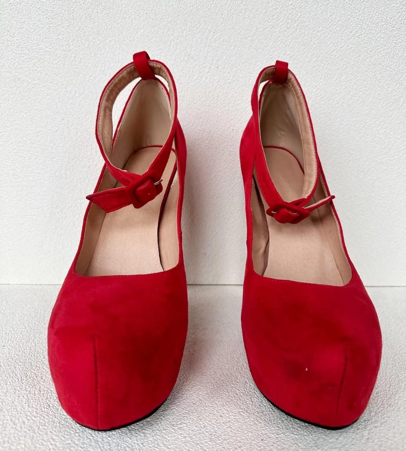 Frankie Hsu Classic Stiletto Platform High Heeled Pumps, Red Suede Fashion Style, Big Large US4-19 Size Dressy Spike Ankle Strap Buckle Shoes for Women Men
