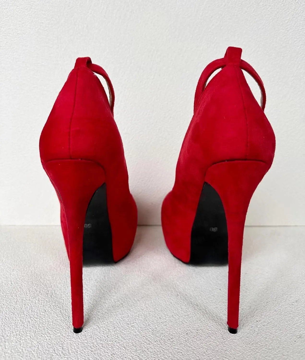 Frankie Hsu Classic Stiletto Platform High Heeled Pumps, Red Suede Fashion Style, Big Large US4-19 Size Dressy Spike Ankle Strap Buckle Shoes for Women Men