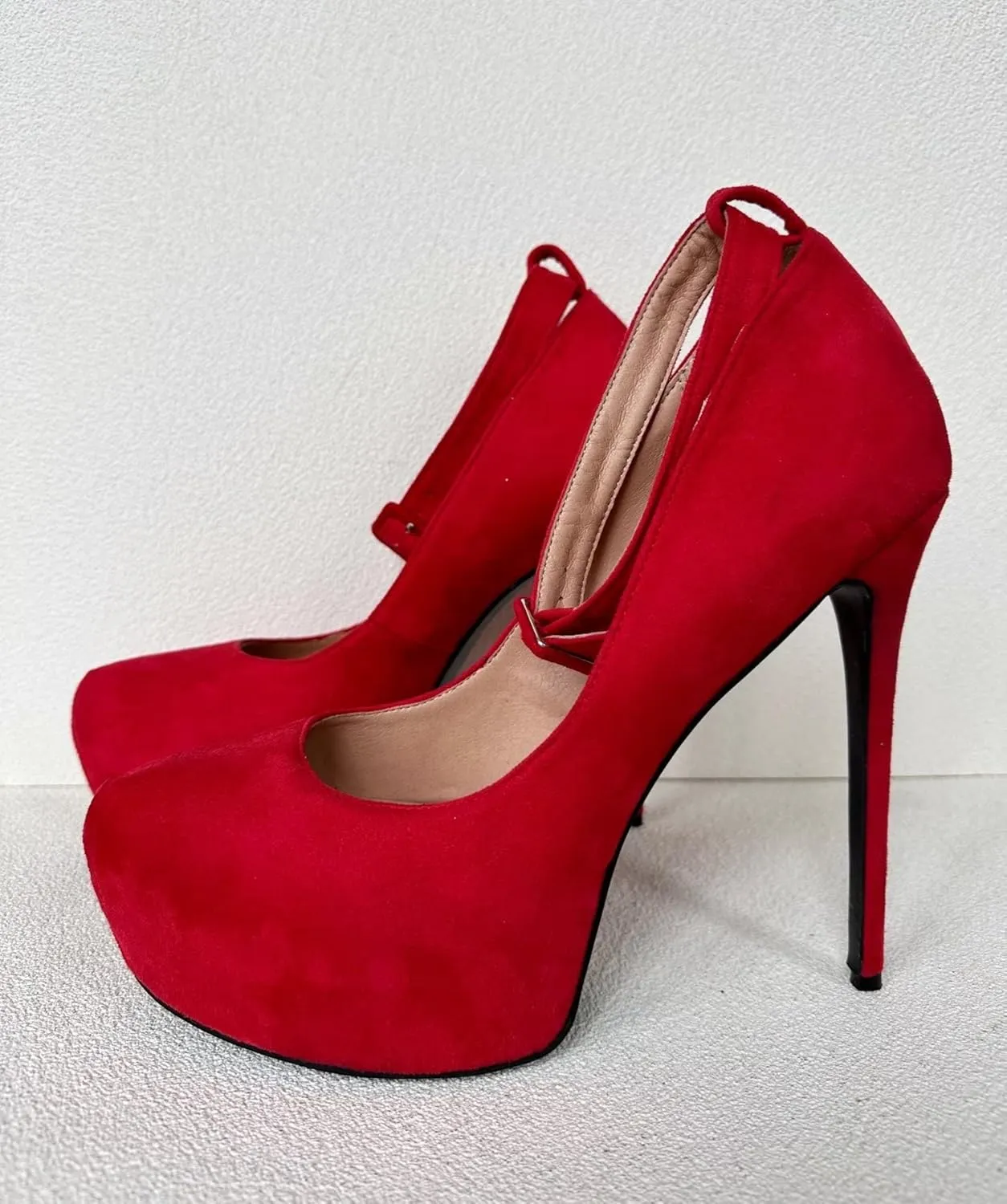 Frankie Hsu Classic Stiletto Platform High Heeled Pumps, Red Suede Fashion Style, Big Large US4-19 Size Dressy Spike Ankle Strap Buckle Shoes for Women Men